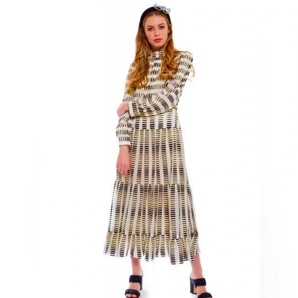 $1023 New Saloni ISABEL B TIERED FIL COUPÉ SILK-BLEND GEORGETTE MAXI DRESS - Picture 3 of 11